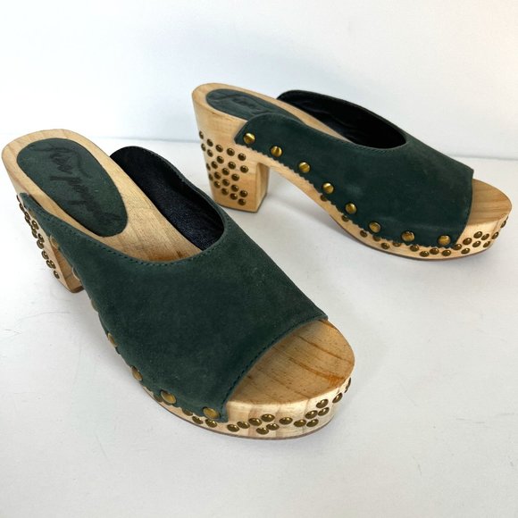 FREE PEOPLE Green Colbie Wooden Clogs 37 Studded Platform Suede - Picture 5 of 11